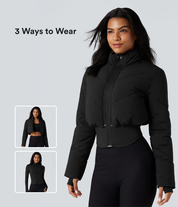 3-in-1 Casual Cropped Puffer Jacket with Stand Collar and Thumb Hole Sleeves