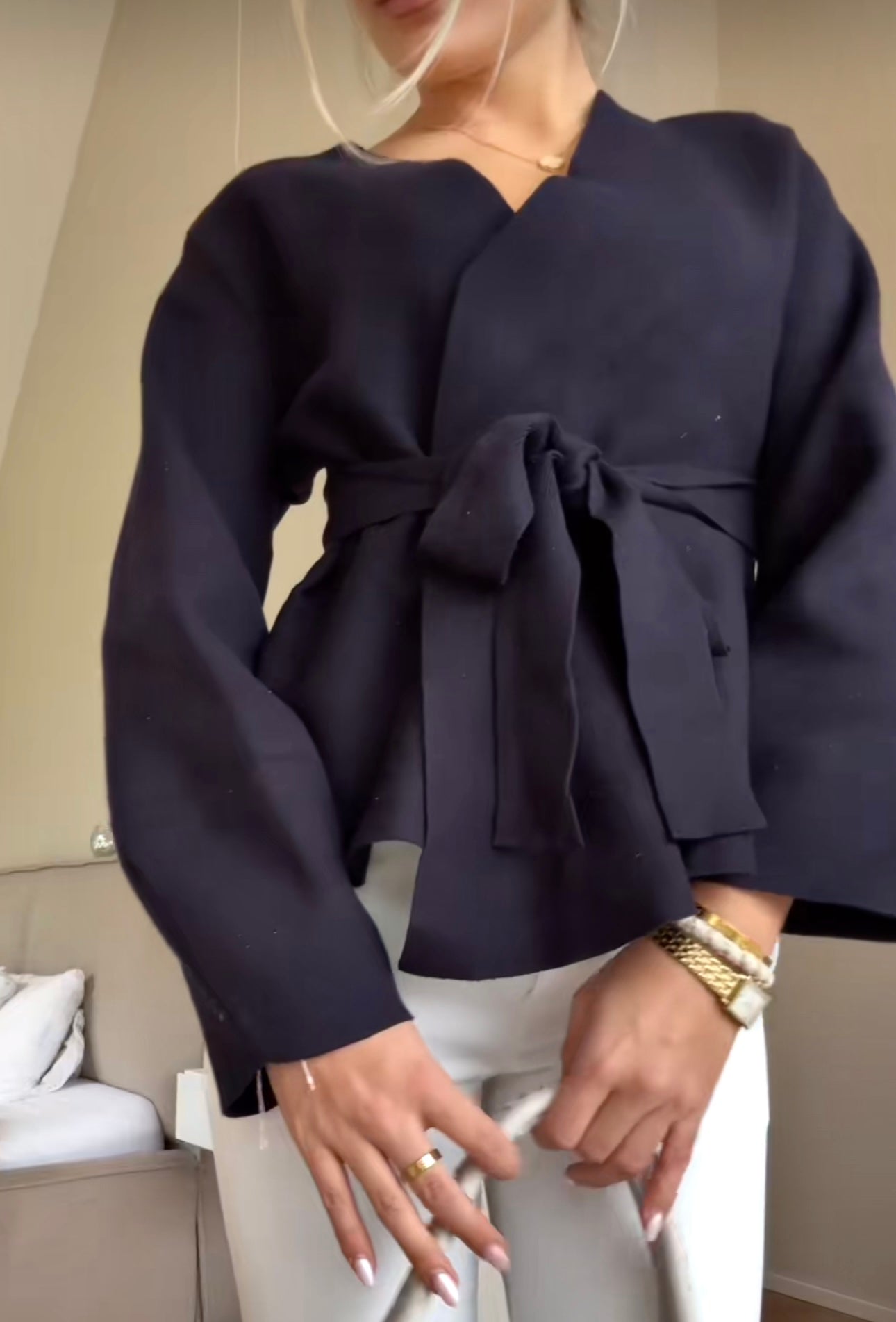 Women’s Wrap Blouse with Tie Waist – Navy Blue Elegant Long Sleeve Top