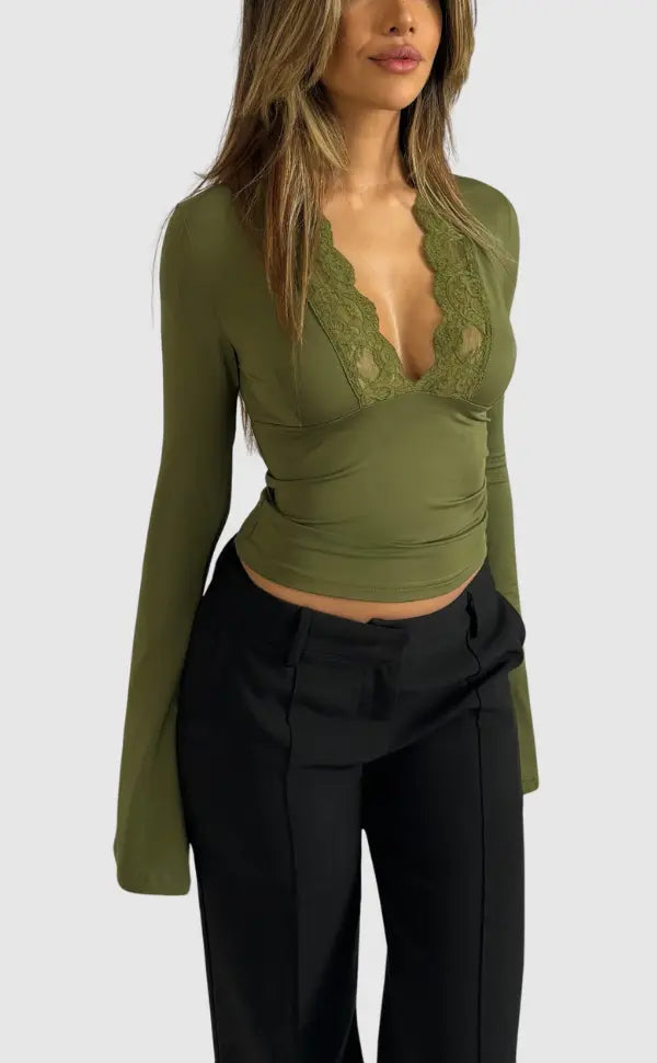 Long-Sleeved Lace Trim Wrap Top with Deep V-Neck
