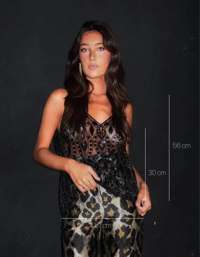 Dámský zdobený flitrový top Lunara – průsvitný korálkový top na večírek