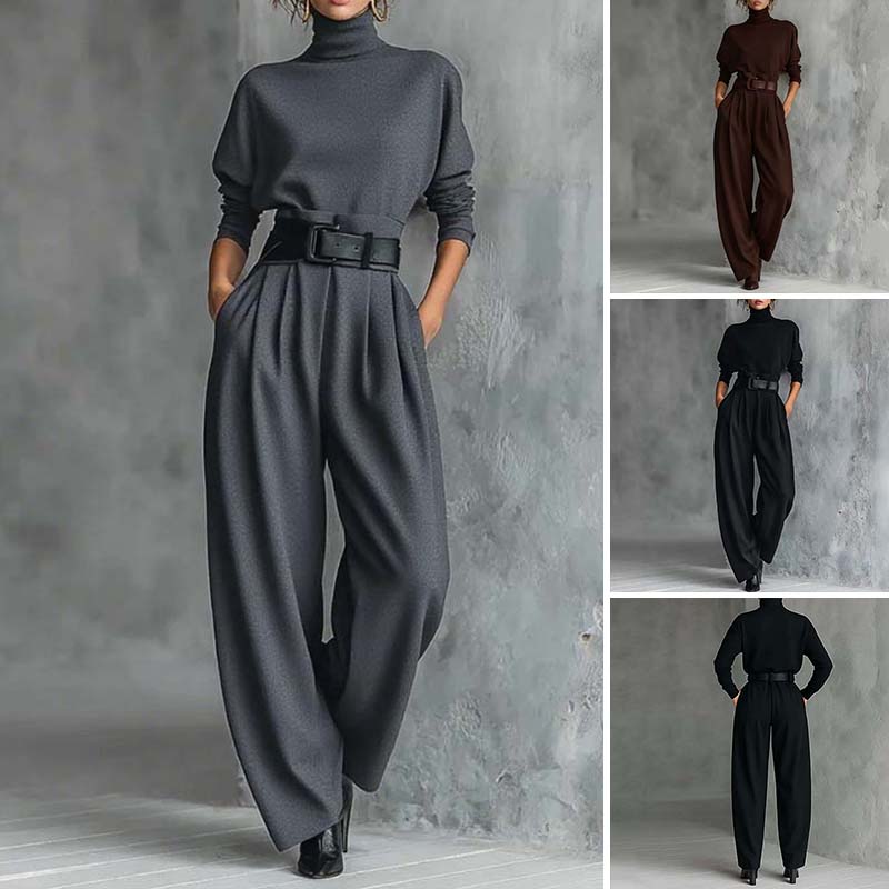 Elegant Women's Set – Turtleneck Top & High-Waisted Trousers