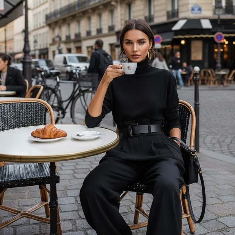 Elegantní dámská souprava – rolák a kalhoty s vysokým pasem 