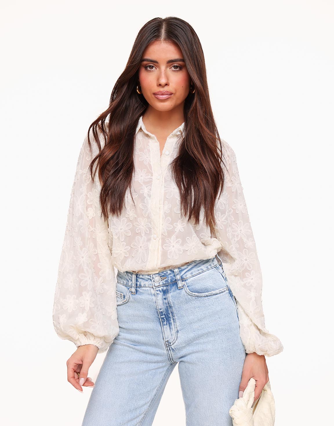 White Sheer Embroidered Floral Blouse with Balloon Sleeves